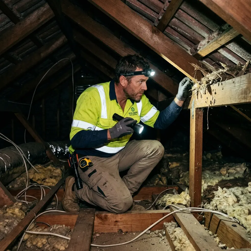 Technician inspecting a roof cavity for a dead animal in Calder Park