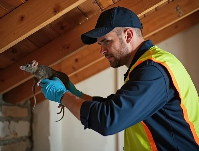 Technician inspecting a roof cavity for a dead rat in Calder Park